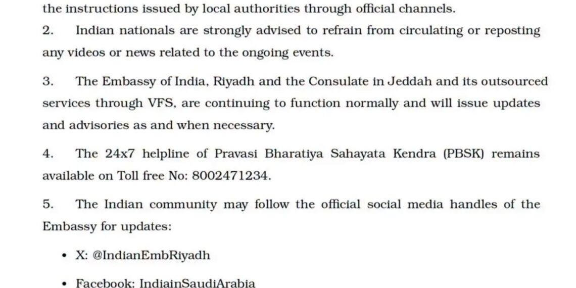 Indian Embassy in Riyadh issues advisory to nationals amid current situation