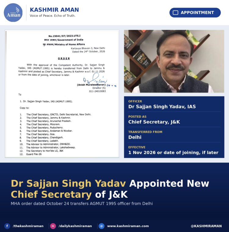Dr Sajjan Singh Yadav Appointed J&K Chief Secretary